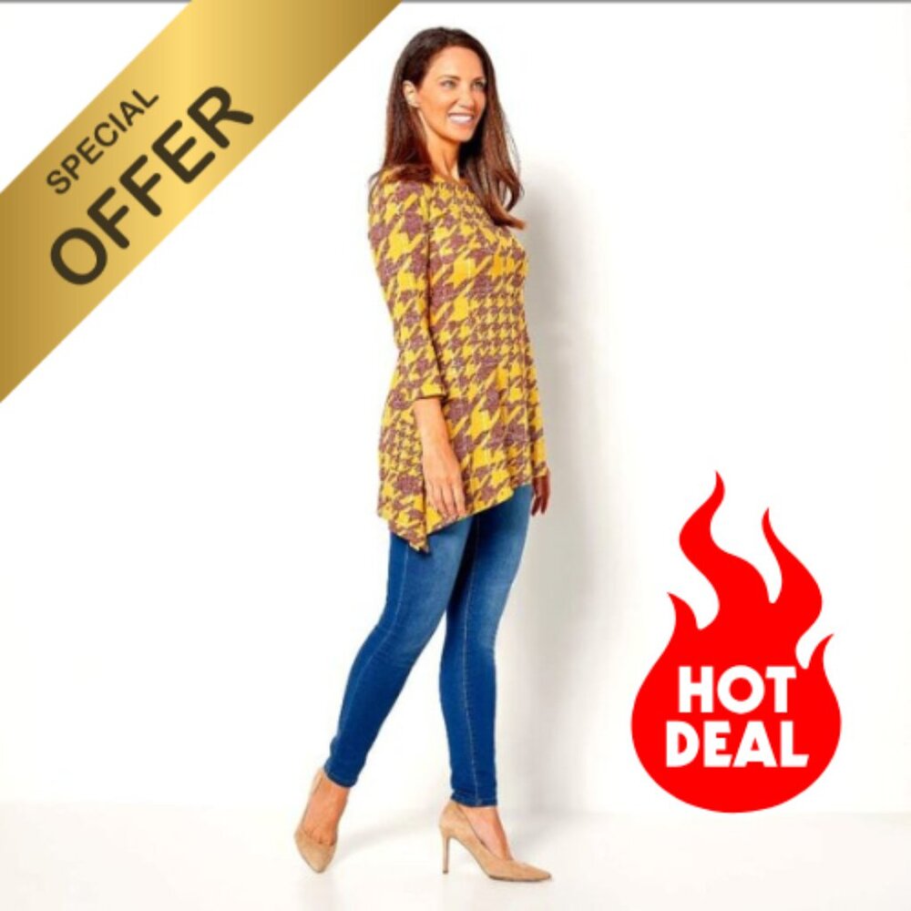 Attitudes by Renee Petite Casknit Houndstooth Asymmetric Top Mustard